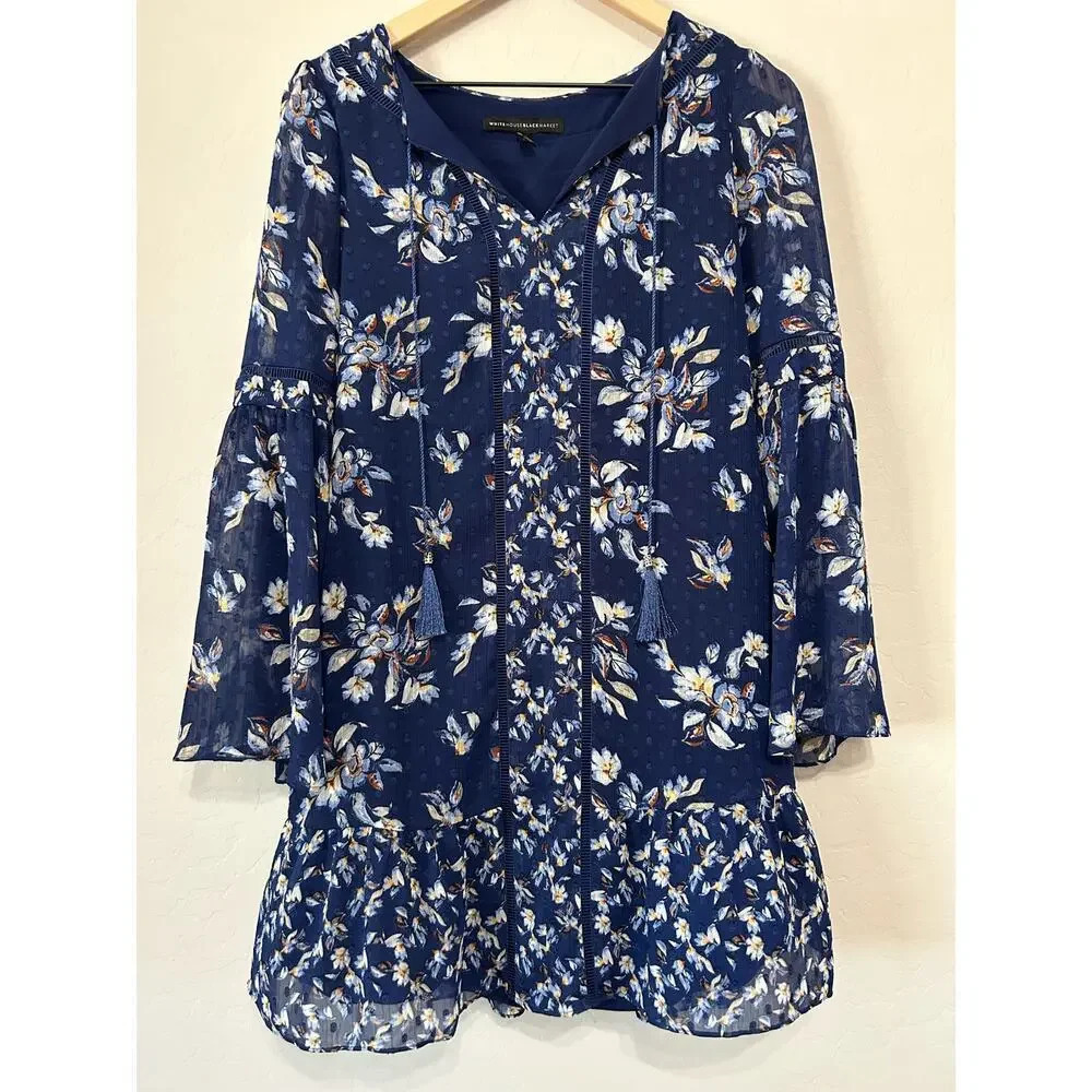 White House Black Market V-Neck Long Bell Sleeve Floral Shift Dress XS